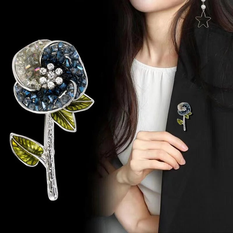 Elegant Crystal Rhinestone Enamel Rose Flower Brooch Pin, Women's Alloy Lapel Corsage Suit Accessory Gift