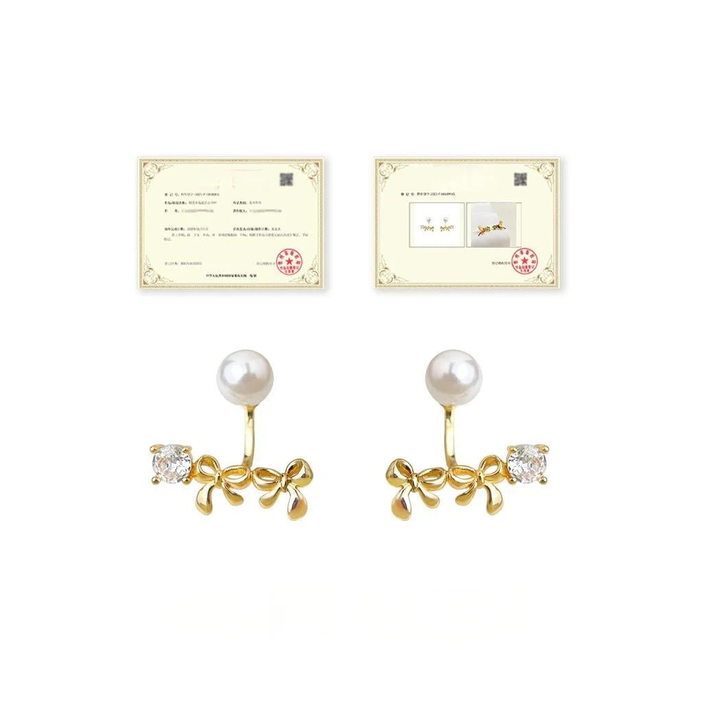 Korean Style Two Way 14K Plated Copper Bow Pearl Zircon Glass Stud Earrings