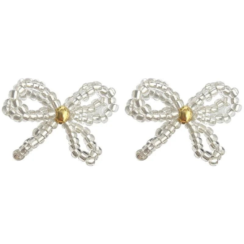 Handwoven Glass Glaze Bow Stud Earrings Sweet Fairy Vacation Style Jewelry