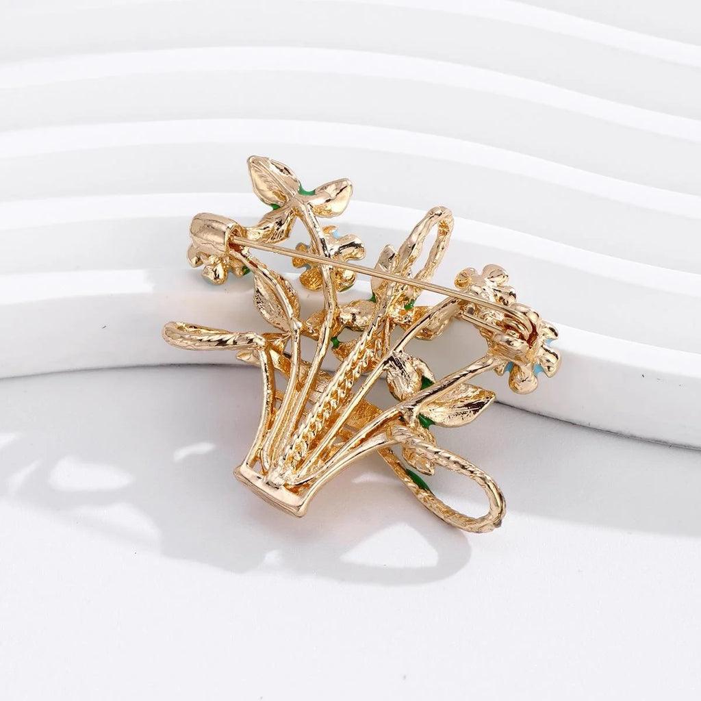 Elegant Enamel Flower Basket Brooch With Faux Pearl Accents, Gold Alloy Lapel Pin Corsage Gift