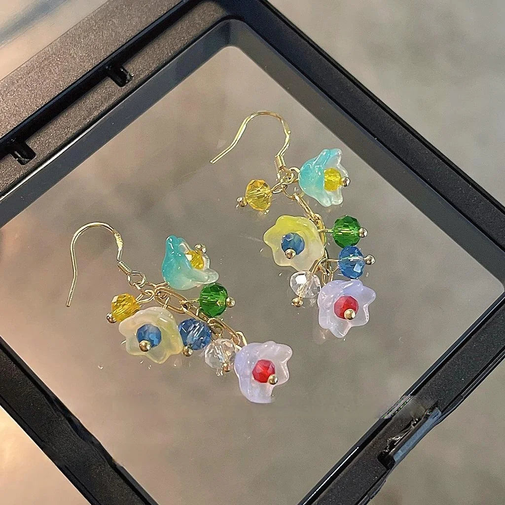 Handmade Silver Plated Glass Lily Of The Valley Tassel Drop Earrings, Pastoral Floral Style