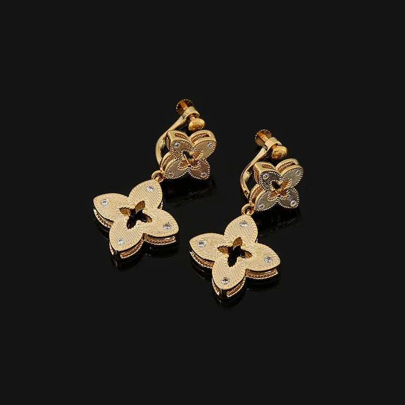 Elegant Gold Alloy Hollow Four Leaf Clover Rhinestone Dangle Stud & Clip On No Piercing Earrings