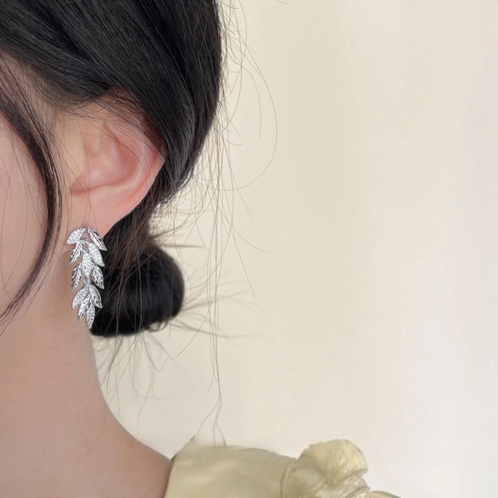 Copper Leaf Drop Earrings With Micro Pave Zircon, Elegant Banquet Jewelry