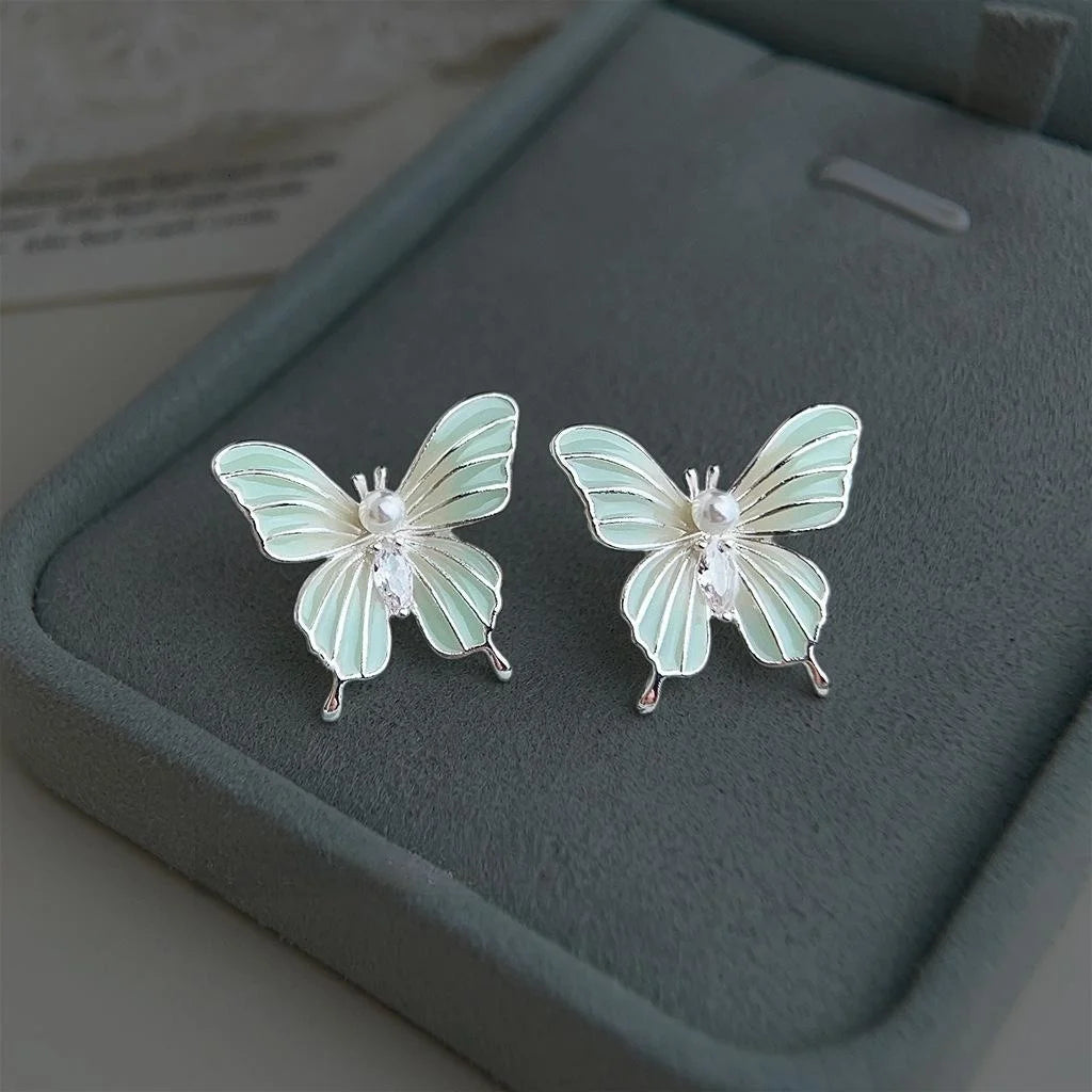 Sweet Forest Style Mint Green Enamel Hand Painted Butterfly Copper Drop Earrings