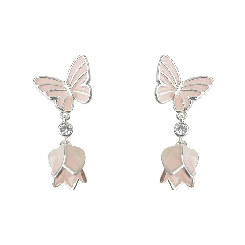 Sweet Pink Enamel Butterfly Flower Drop Earrings Eco Copper Silver Plated Pin Jewelry