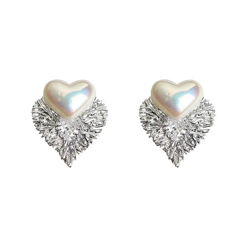 Two Way Minimalist Heart Stud Earrings Silver Plated Copper Micro Pave Zircon Pearl Jewelry