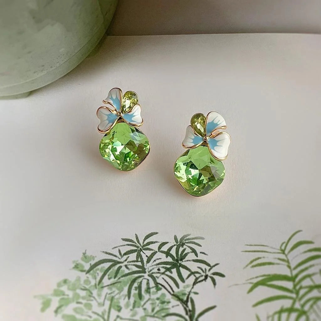 Fresh Sweet Fruit Green Glass Crystal Enamel Flower Stud Earrings With Silver Plated Pins