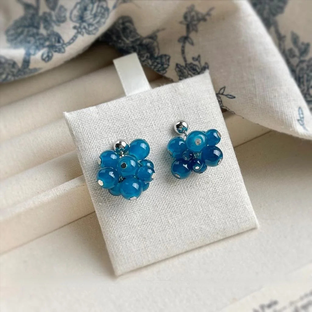 Sweet Korean Style Blue Glass Crystal Grape Cluster Tassel Handmade Woven Drop Earrings