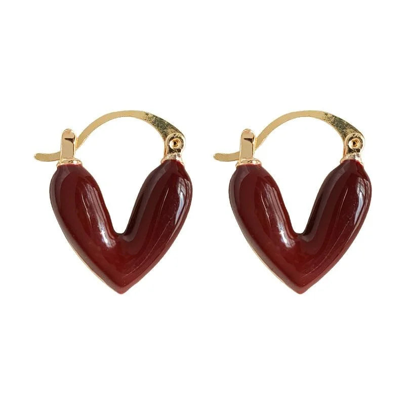 French Vintage Red Enamel Heart Drop Earrings Copper Fashion Jewelry