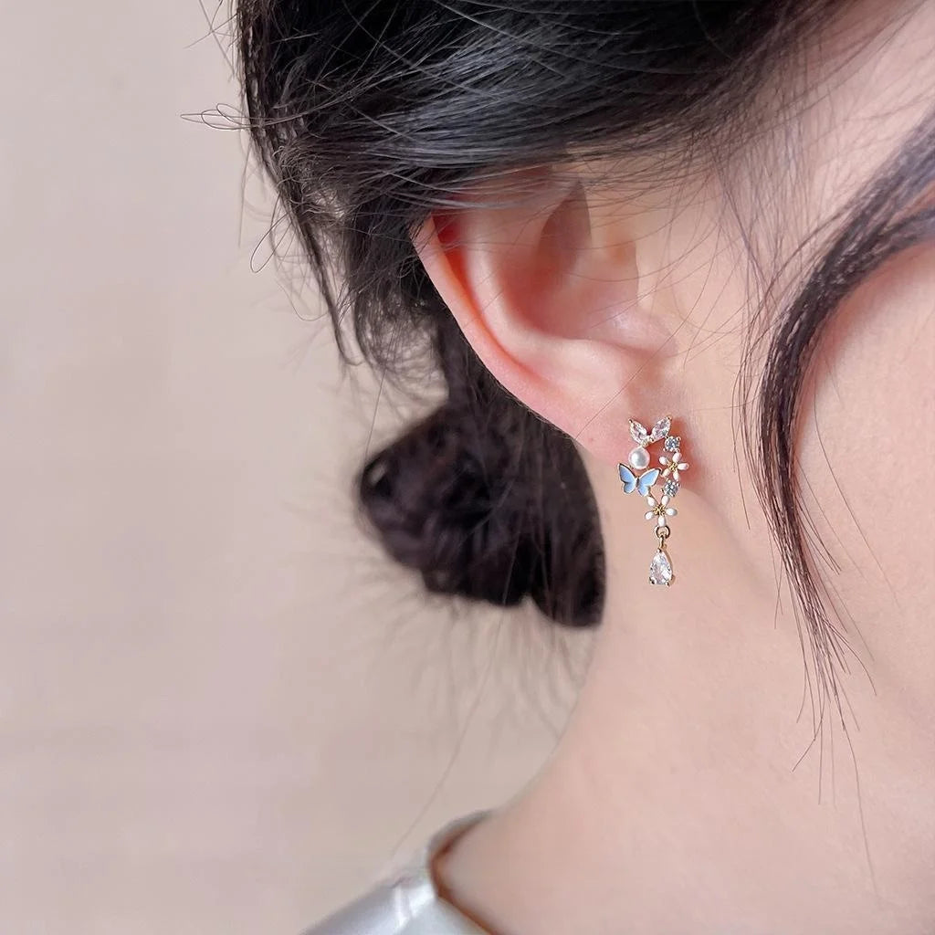 Forest Style Copper Pearl Zircon Butterfly Flower Drop Earrings For Women