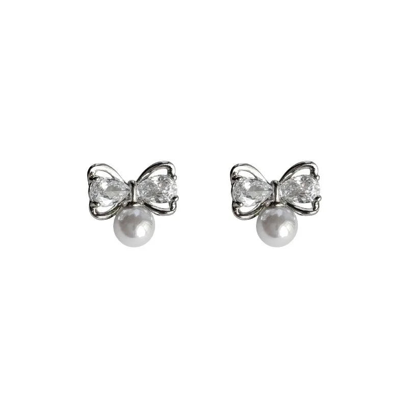 Silver Plated Copper Micro Pave Zircon Bow Stud Earrings Sweet Cute Fashion Jewelry
