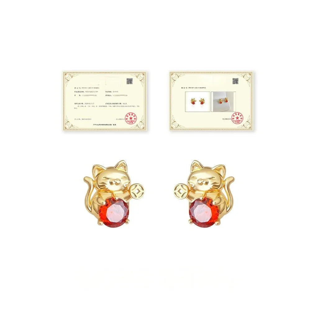 Style Zircon Inlaid Copper Fortune Cat Stud Earrings Posts