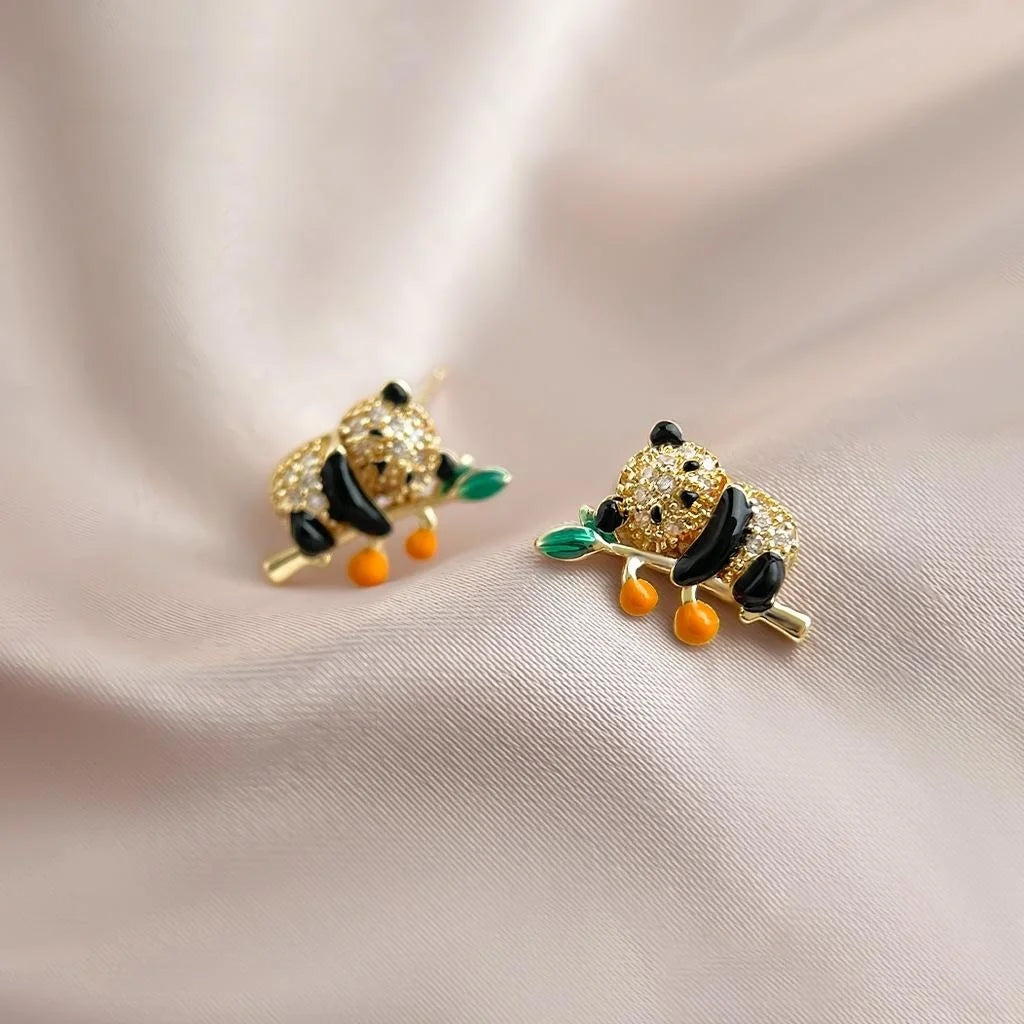 Silver Plated Copper Micro Pave Zircon Enamel Panda Stud Earrings Cute Luxury Animal Fashion Jewelry