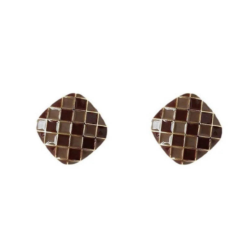 Maillard Colorblock Plaid Geometric Copper Stud Earrings French Retro Square Enamel Style