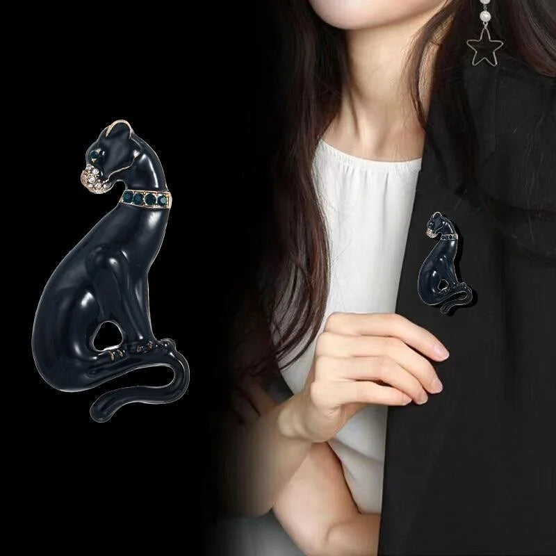 Luxury Black Panther Enamel Brooch With Rhinestone Collar, Elegant Animal Lapel Pin Suit Accessory