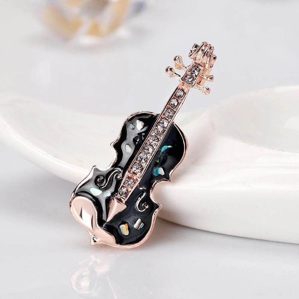 Elegant Violin Brooch With Black Enamel Mother Of Pearl And Rhinestone Zircon, Women's Lapel Pin Gift