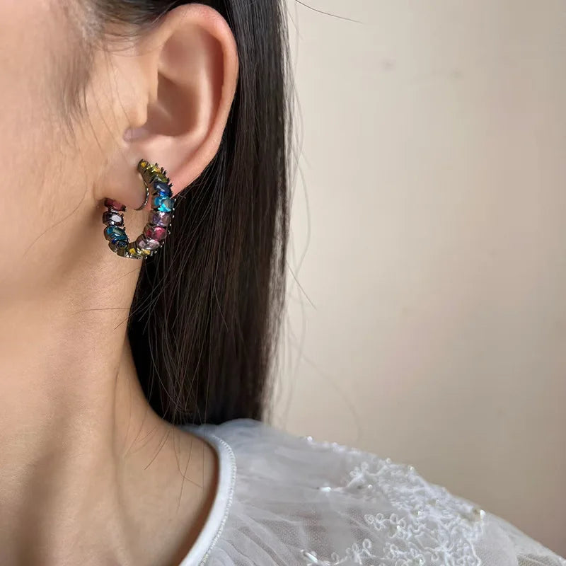 Vintage Rainbow Zircon Hoop Stud & Clip On No Piercing Spiral Alloy Ear Cuff Luxury Earrings