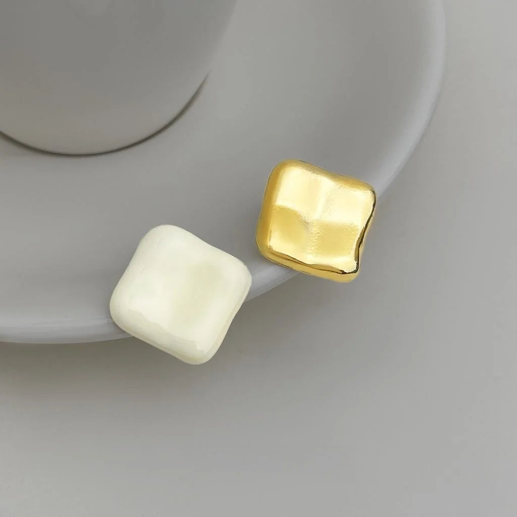 French Vintage Asymmetric Geometric Enamel Square Copper Stud Earrings For Women