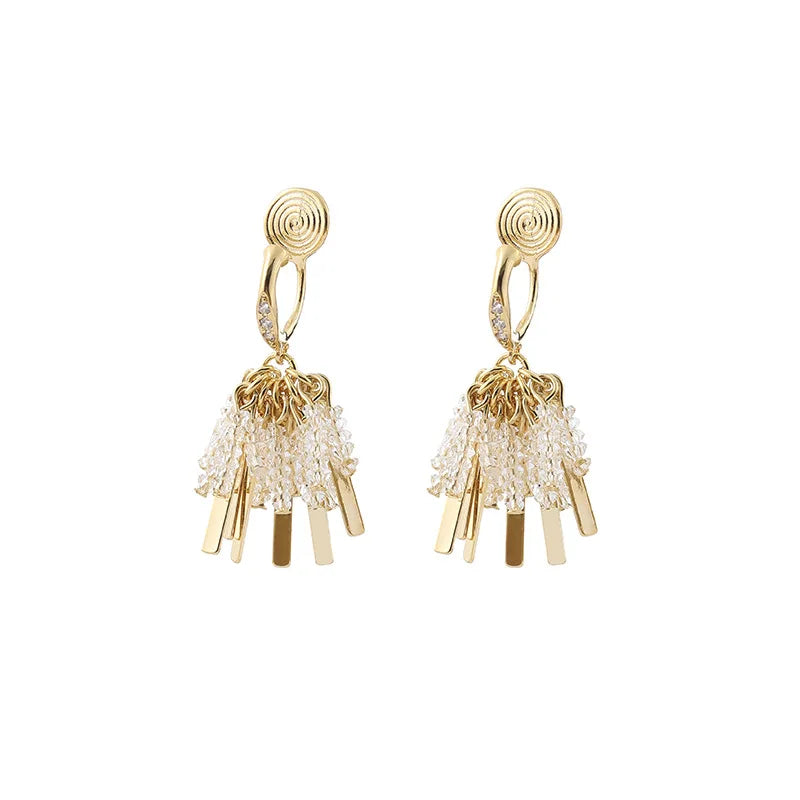 Luxury Handmade Spiral Crystal Tassel Alloy Bar Drop Stud & Clip On No Piercing Statement Earrings