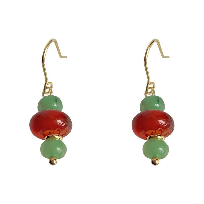 New Chinese Style Handmade Green Aventurine Natural Stone Geometric Round Drop Earrings