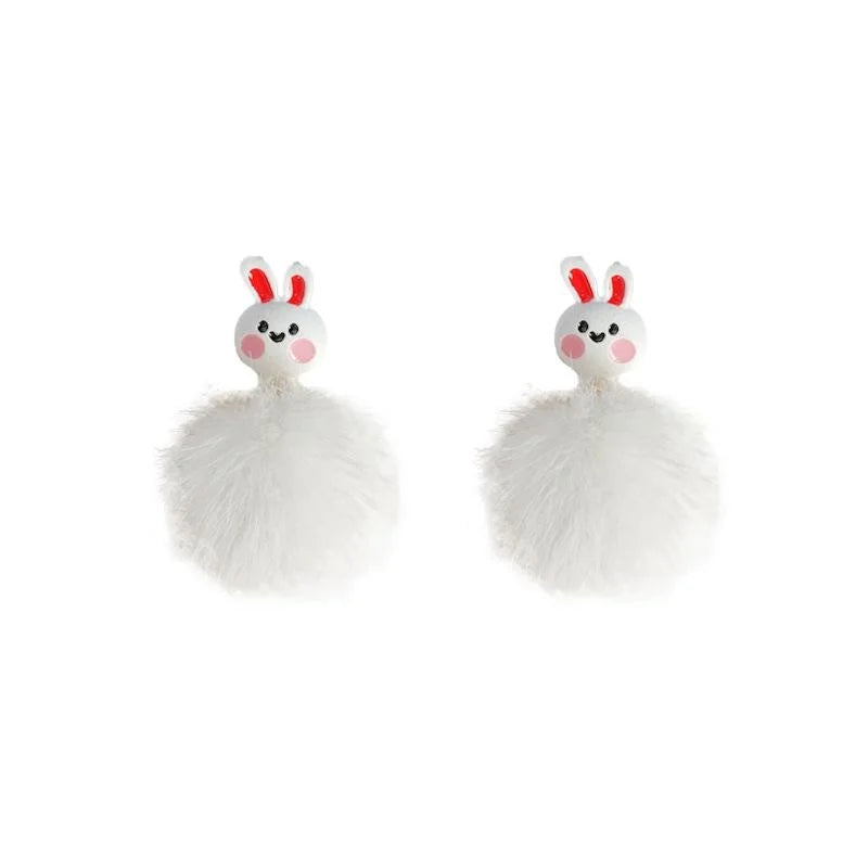 Cute Plush Bunny Stud Earrings Silver Plated Pin Fluffy Pom Pom Winter Animal Jewelry