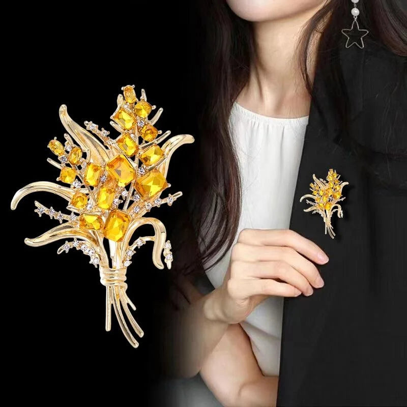 Luxury Wheat Bouquet Brooch With Yellow Rhinestones, Gold Alloy Elegant Lapel Pin Corsage Suit Accessory Gift