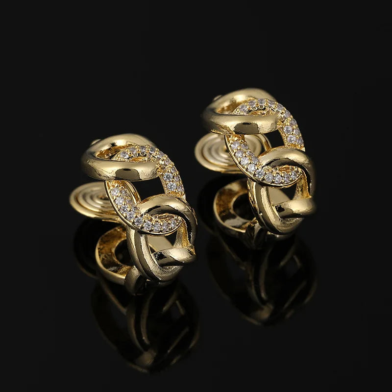 Luxury Gold Alloy Chain Hoop Stud & Clip On No Piercing Rhinestone Chunky Link Women's Earrings