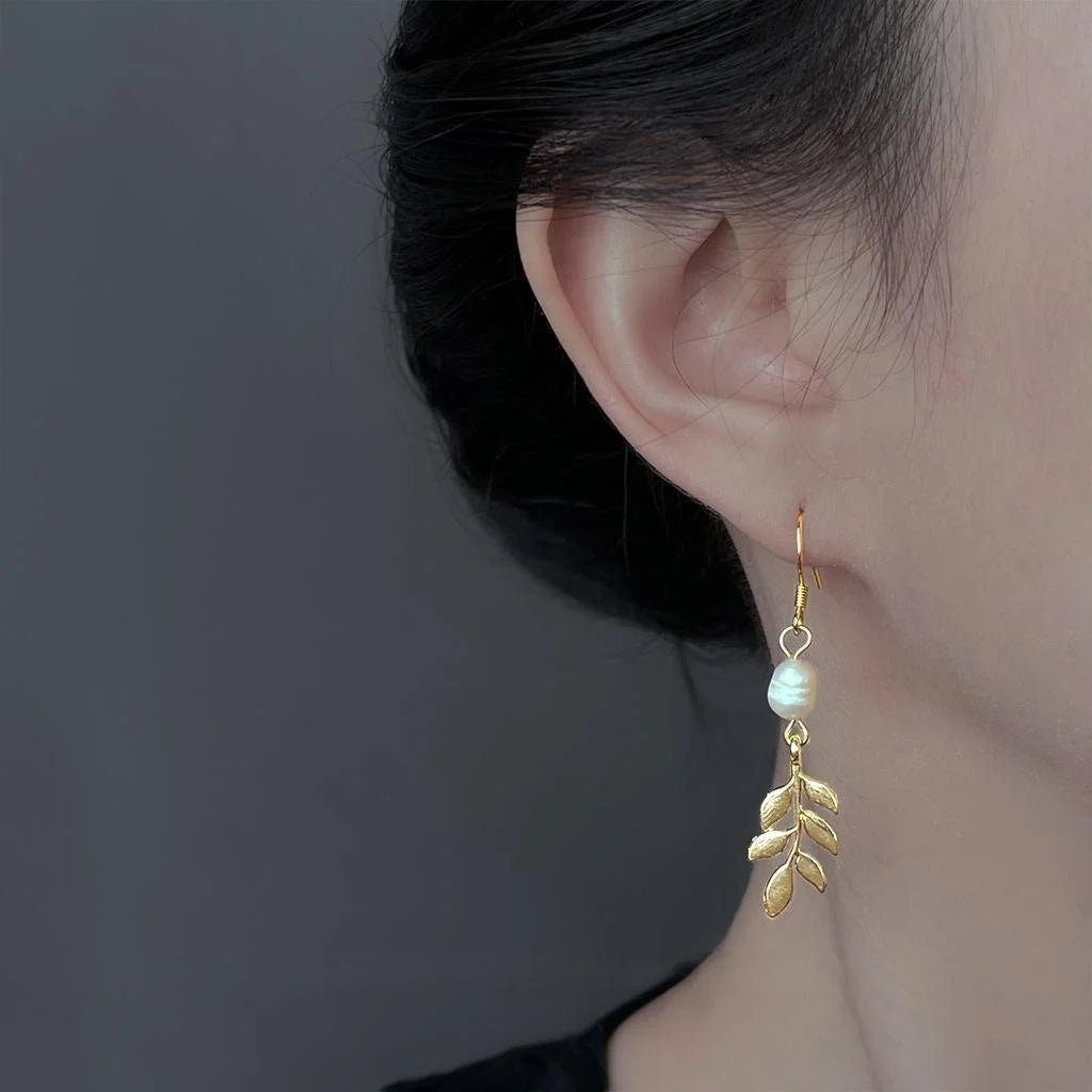 French Handmade Freshwater Pearl Copper Leaf Long Drop Earrings For Women Light Luxury Jewelry