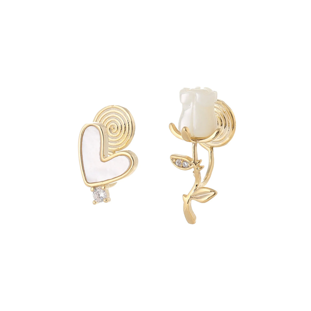 Vintage Mother Of Pearl Heart Rose Alloy Zircon Stud & Clip On No Piercing Women's Earrings