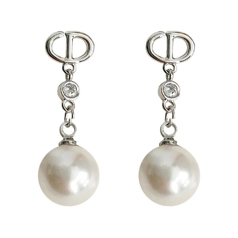 Light Luxury Copper Glass Pearl Micro Pave Zircon Geometric Chain Drop Earrings