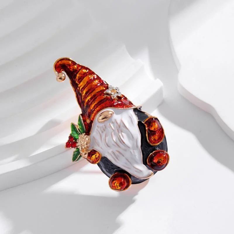 Cute Enamel Alloy Santa Gnome Brooch With Rhinestone Holly, Christmas Lapel Pin Corsage Suit Accessory Gift
