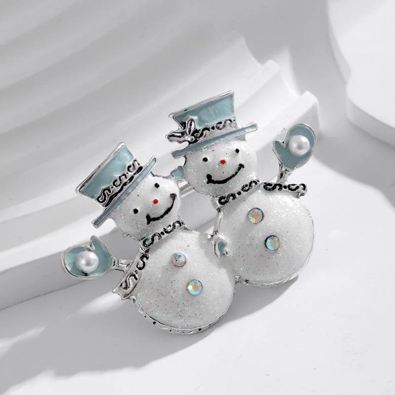 Cute Christmas Double Snowman Enamel Brooch With Rhinestone And Pearl Accents, Festive Lapel Pin Gift
