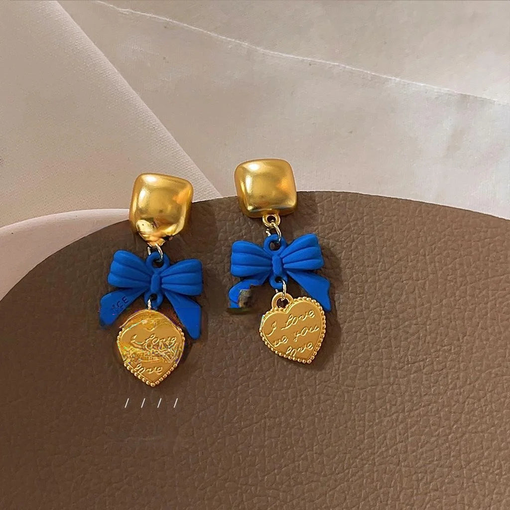 14K Gold Plated Copper Blue Enamel Bow Stud Earrings For Women Light Luxury Heart Square Jewelry