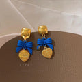 14K Gold Plated Copper Blue Enamel Bow Stud Earrings For Women Light Luxury Heart Square Jewelry