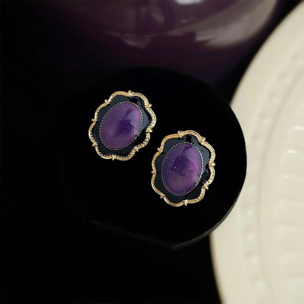 Vintage Purple 14K Plated Enamel Oval Floral Lace Drop Earrings