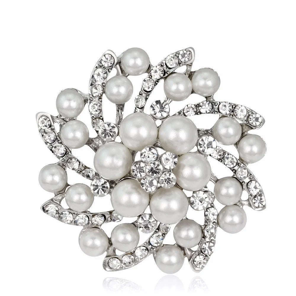 Elegant Pearl Rhinestone Flower Brooch, Alloy Crystal Lapel Pin Corsage For Women's Suit Accessory Gift