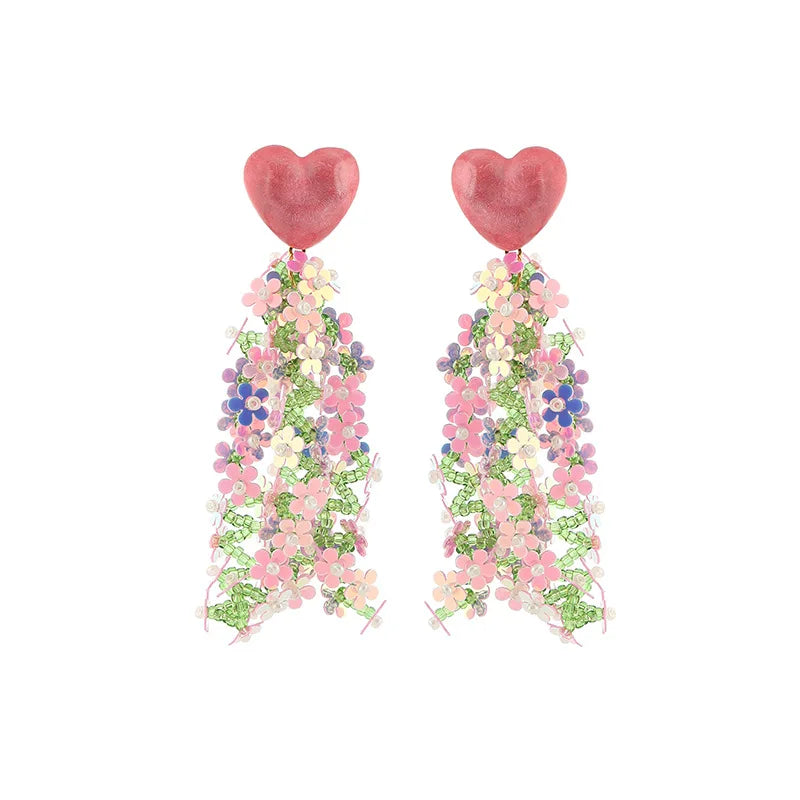 Pink Purple Sequin Flower Alloy Long Tassel Stud & Clip On No Piercing Elegant Heart Drop Earrings
