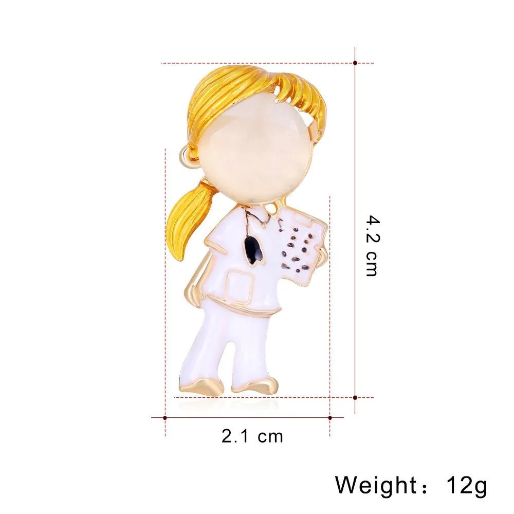 Cute Girl Doctor Alloy Enamel Cat Eye Stone Brooch, White Lapel Pin Corsage Suit Accessory Gift