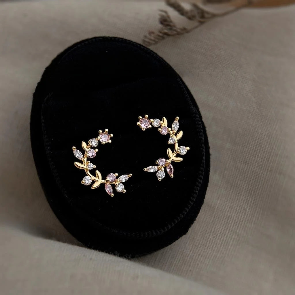 Fresh Sweet Micro Pave Zircon 14K Plated Copper Leaf Wreath Stud Earrings