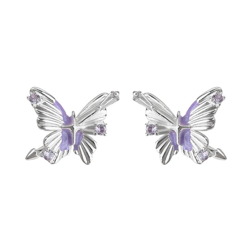 Original Designer Eco Copper Zircon Purple Butterfly Stud Earrings For Women Sweet Cool Style