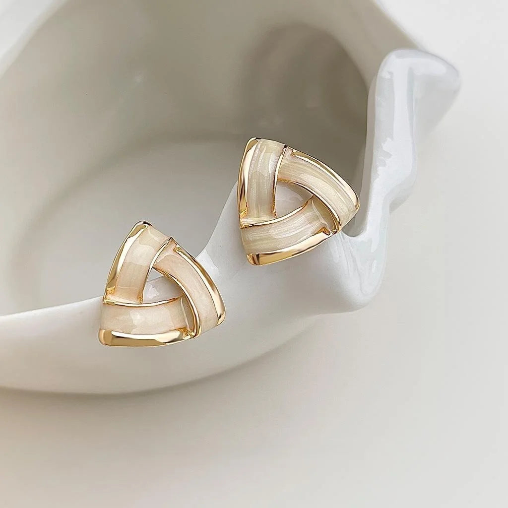 French Vintage Geometric Triangle Enamel Copper Stud Earrings, Light Luxury Silver Plated for Women