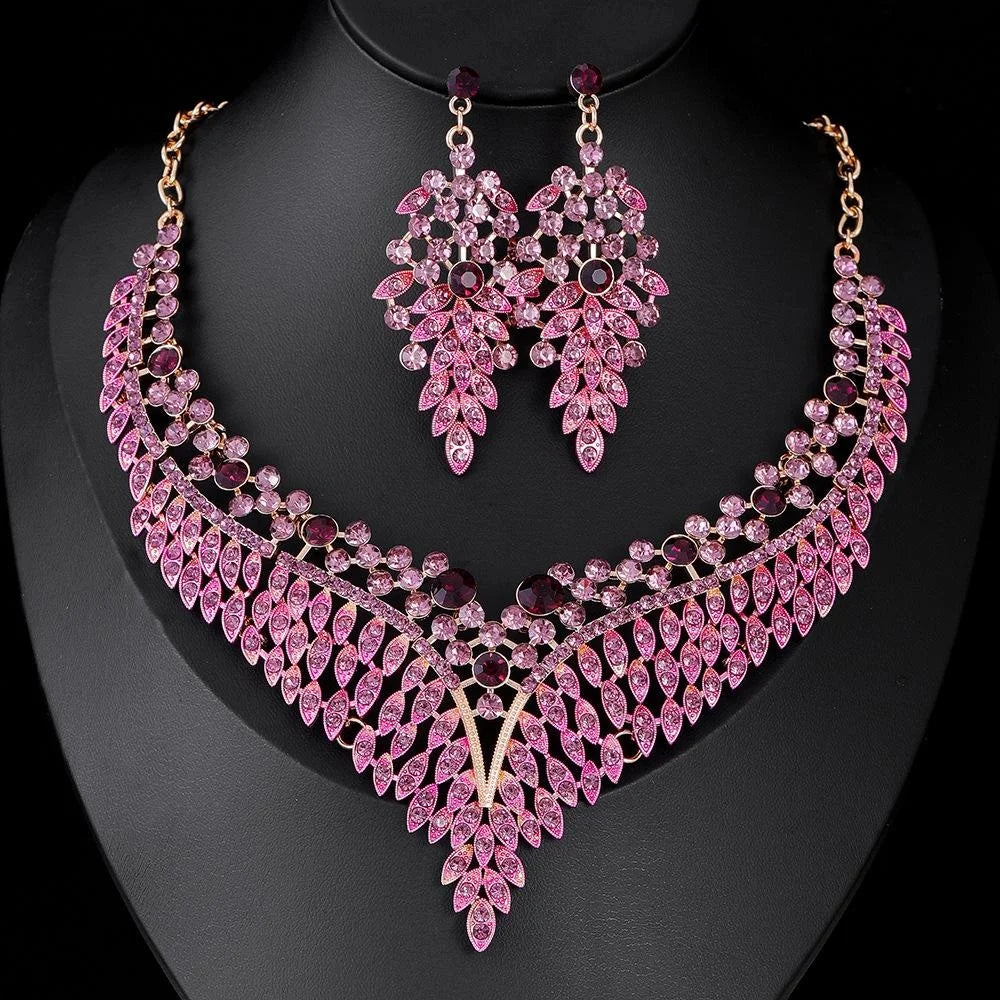 Vintage Pink Rhinestone Leaf Necklace And Chandelier Earrings Jewelry Set, Luxury Alloy Bridal Jewelry For Banquet