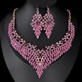 Vintage Pink Rhinestone Leaf Necklace And Chandelier Earrings Jewelry Set, Luxury Alloy Bridal Jewelry For Banquet