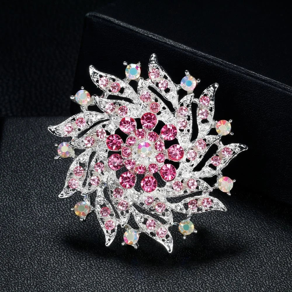 Elegant Pink Rhinestone Crystal Flower Brooch, Silver Alloy Floral Lapel Pin Corsage Suit Accessory Gift