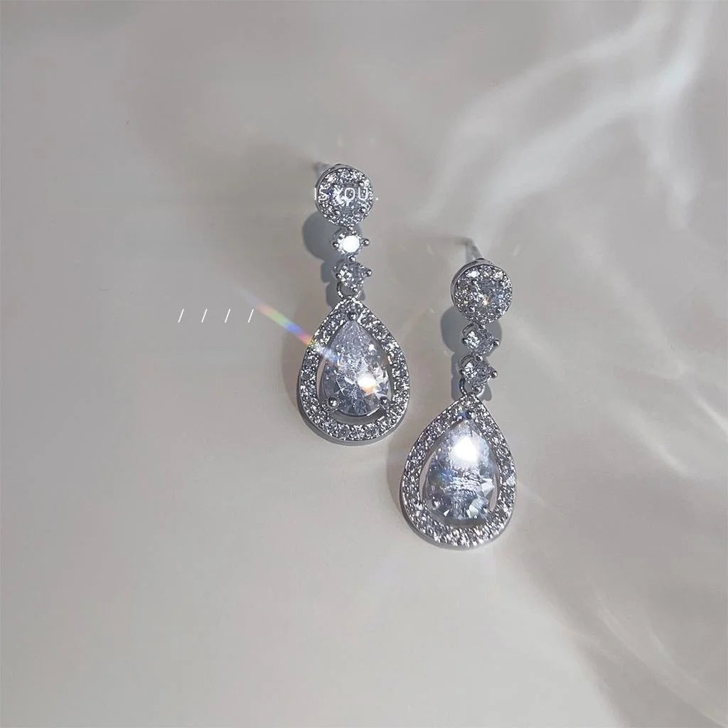 Elegant Long Teardrop Drop Earrings Micro Pave Zircon Copper Evening Jewelry