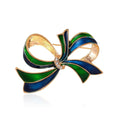 Vintage Blue Green Enamel Bow Brooch With Rhinestone Accent, Elegant Alloy Lapel Pin Suit Accessory Gift