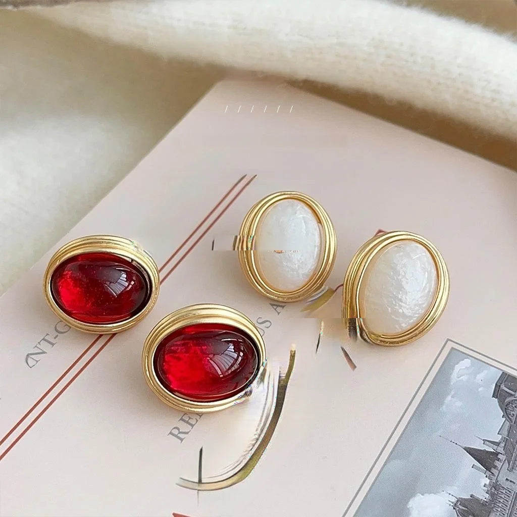 French Vintage Burgundy Oval Copper Stud Earrings 14K Gold Plated Matte Geometric Hong Kong Style