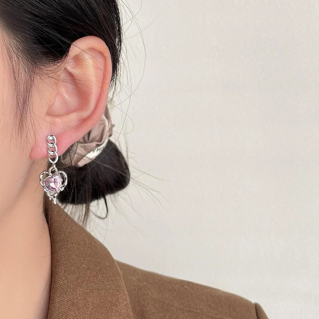 Sweet Cool Asymmetric Pink Rhinestone Heart Chain Drop Earrings For Women