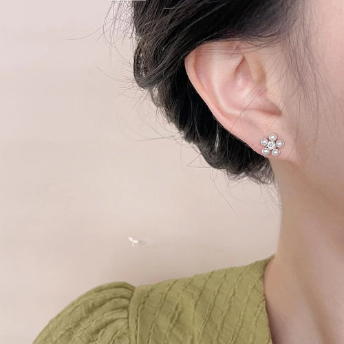 French Vintage Sunflower Pearl Stud Earrings With Micro Pave Zircon, Elegant Floral Silver Plated Pins