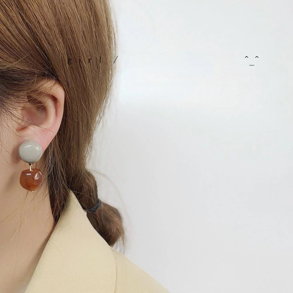 Vintage Korean Caramel Milk Tea Resin Acetate Round Ball Drop Earrings